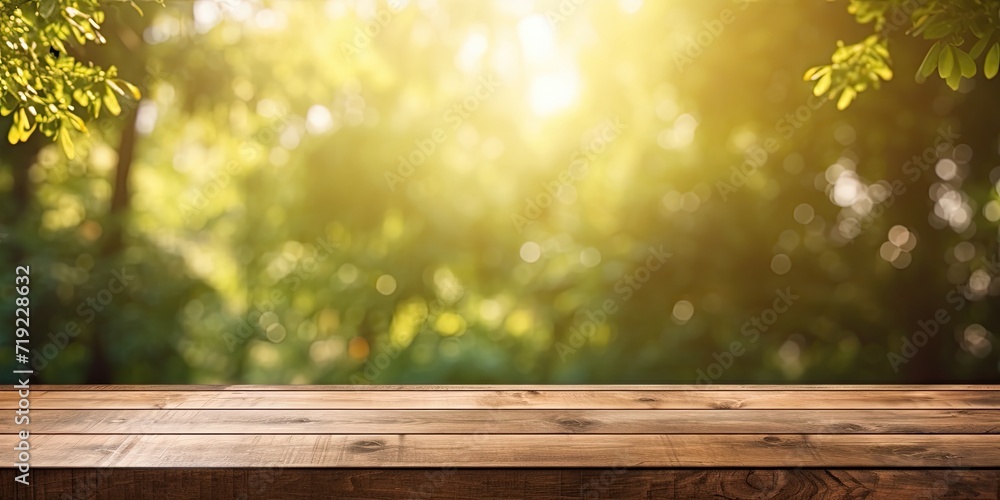 Blurry wooden table, sunlit garden or forest, vertical luxury banner. Blurry wooden table, sunlit garden or forest, vertical luxury banner.