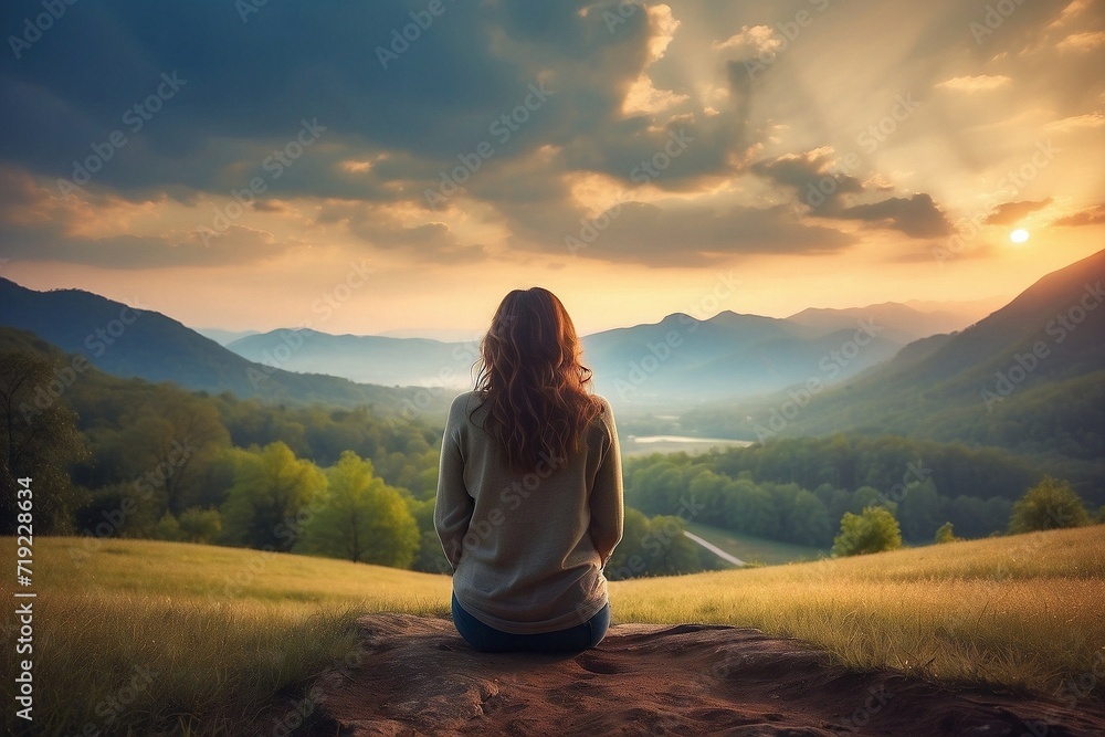 Back scene of lonely woman look at beautiful nature scenery. Back scene of lonely woman look at beautiful nature scenery.