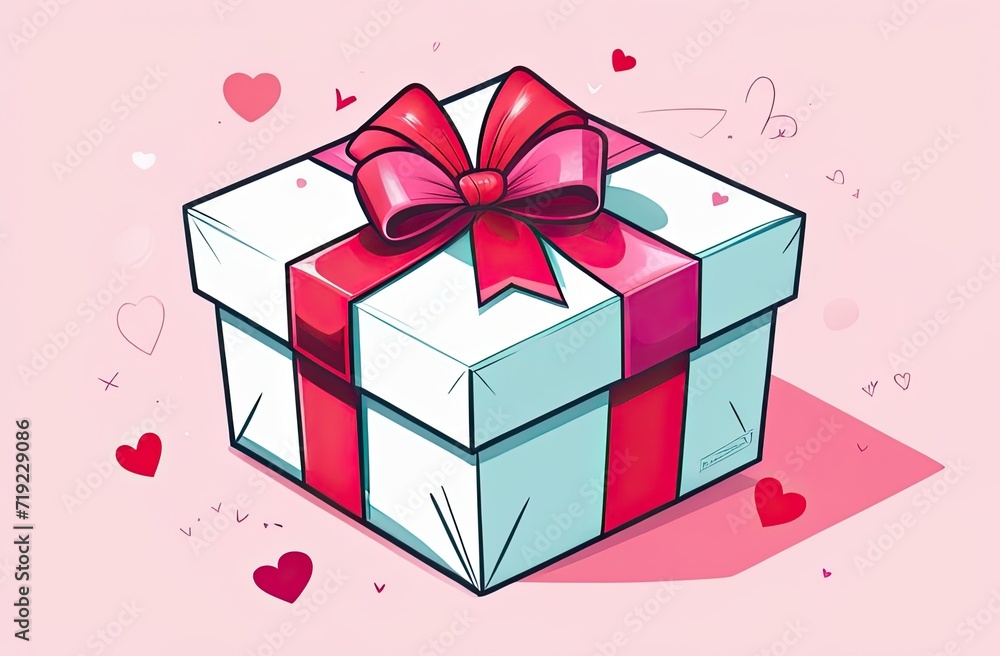 A painted image of a white gift box with a red ribbon and a bow on a pink background with decorative red hearts around, a banner A painted image of a white gift box with a red ribbon and a bow on a pink background with decorative red hearts around, a banner