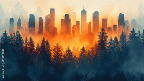 Illustration of a polluted city in double exposure of a forest.