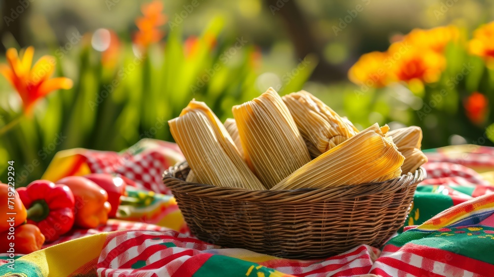 Sunny picnic setting with homemade tamales and a vibrant checkered cloth.