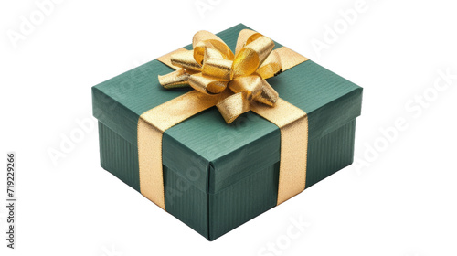 Green gift box with golden ribbon isolated on transparent background