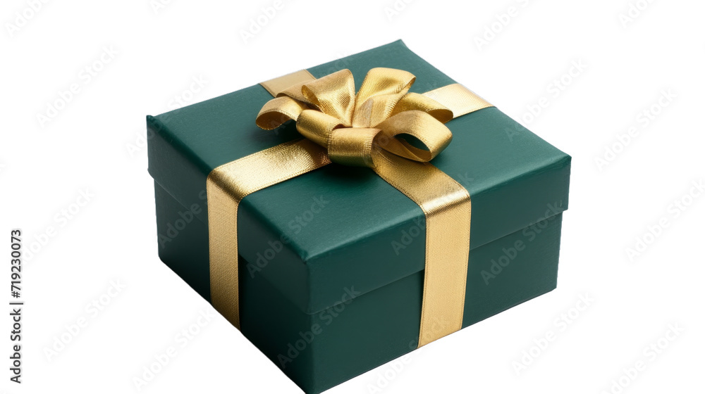 Green gift box with golden ribbon isolated on transparent background Green gift box with golden ribbon isolated on transparent background