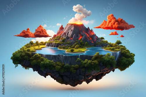 3d floating island with volcano photo
