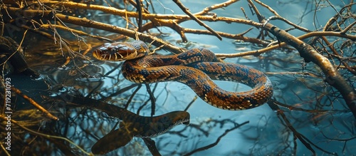 A mesmerizing view of a nonvenomous brown water snake elegantly coiled on a cluster of branches, suspended above the serene waters, captures the essence of nature's tranquility.