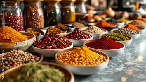 An array of exotic spices on a shiny marble counter showcasing vibrant colors.
