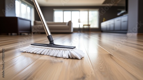 Thorough cleaning of parquet floor using mop, foam cleanser, and essential household cleaning tools