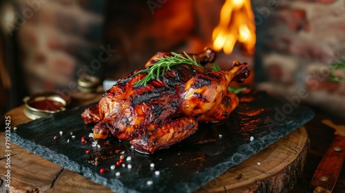 Grilled chicken on slate with fiery background creates a rustic feel. photo