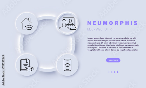 Online education set line icon. Distance learning, book, development, smartphone. Neomorphism style. Vector line icon for business and advertising