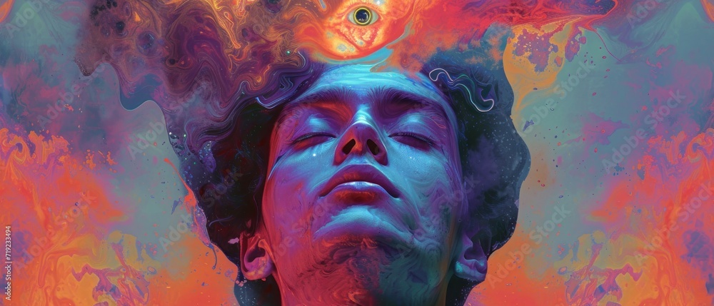 A surreal portrait of a man with a third eye on his forehead