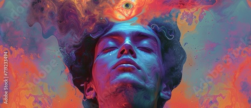 A surreal portrait of a man with a third eye on his forehead