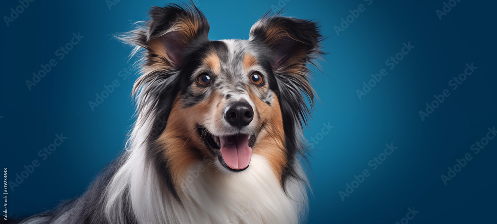 Happy Shetland Sheepdog with blue merle background Happy Shetland Sheepdog with blue merle background