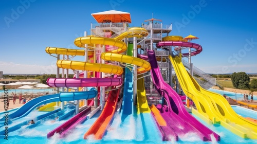 Empty colorful water slides in the resort's water park overlooking the blue sky on a sunny day. Summer entertainment, vacation concepts. © liliyabatyrova
