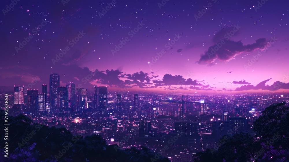Night cityscape in purple shades, in mango and anime style.