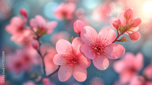 Image of spring with copy space. Blooming tree against blue background.