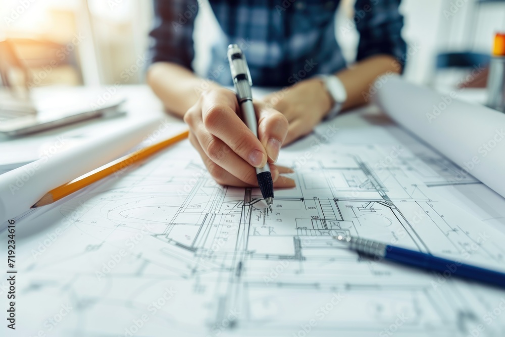 Architect reviewing blueprints with pencil and ruler on desk Architect reviewing blueprints with pencil and ruler on desk