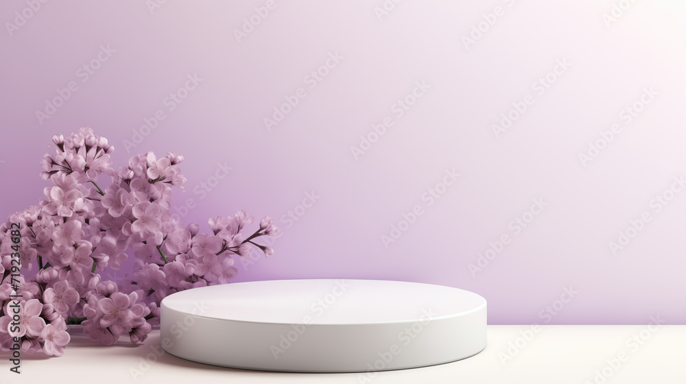 White podium for product display with lilac flowers on a lilac background White podium for product display with lilac flowers on a lilac background