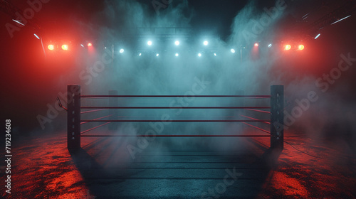 two boxing ring on the floor in dark empty room. 3 d render photo
