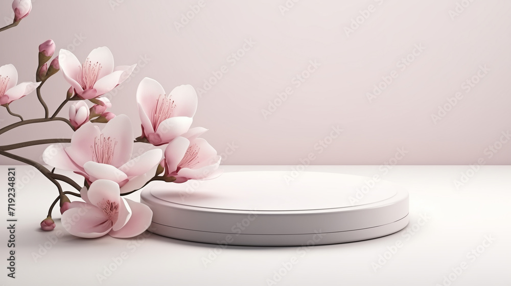 Minimalistic white podium mockup with magnolia flowers on light background for product presentation