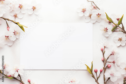 Cherry blossom background. Spring empty frame mockup. Sakura springtime template