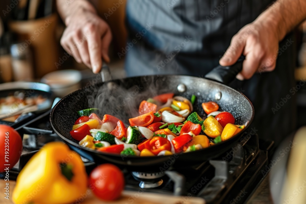 Woman cooking vegetables on a frying pan on electric stove Woman cooking vegetables on a frying pan on electric stove