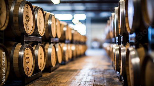 Whiskey, bourbon, and scotch barrels aging in a distillery warehouse facility