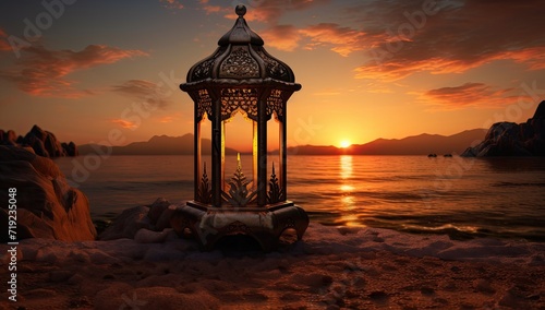 Ramadan Lantern Islamic Ornament Blurry Bokeh Sea Sand Background