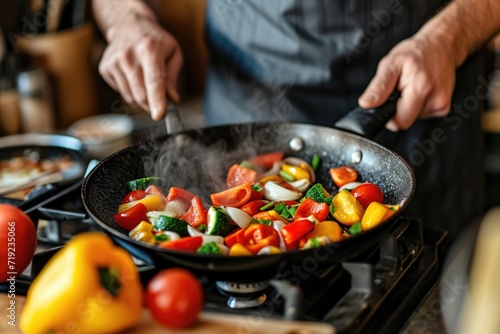 Woman cooking vegetables on a frying pan on electric stove