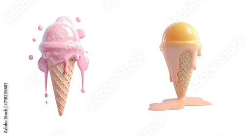 Colorful waffle cone Ice cream melting on white background. Creative idea minimal  concept. 3d render, pink and pastel color, .png isolated on white.