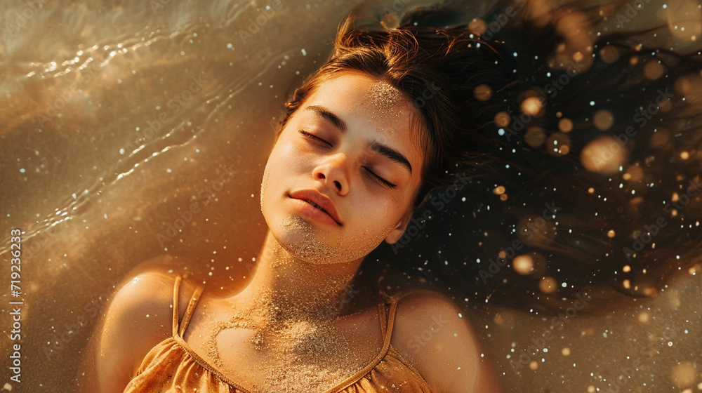 young beautiful girl with long hair lies on the beach in the rays of light sun, the girl is resting in the sand.