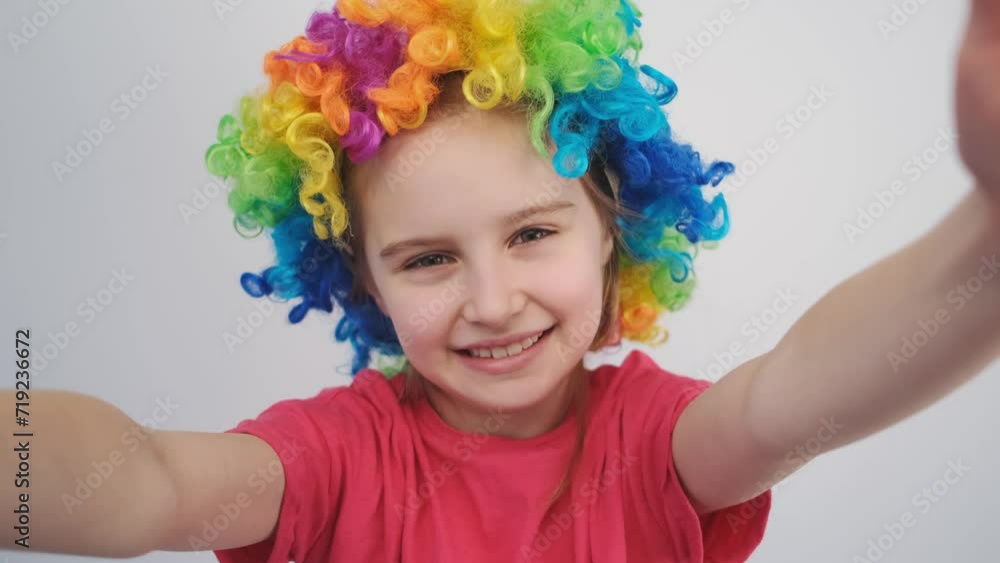 Funny Little Girl In Colorful Wig, Taking Selfie Funny Little Girl In Colorful Wig, Taking Selfie