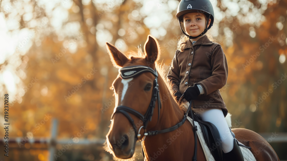 Obraz premium a child in a jockey's uniform rides a horse, horse riding, boy, girl, kid, hippodrome, rider, equestrian, horse racing, stable, sport, dressage, animal, saddle, helmet, training, nature