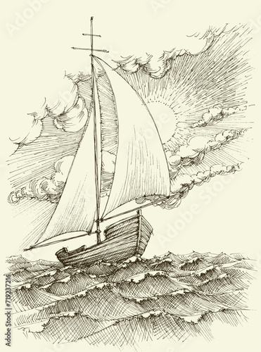 Sailing boat on sea waves vector hand drawing
