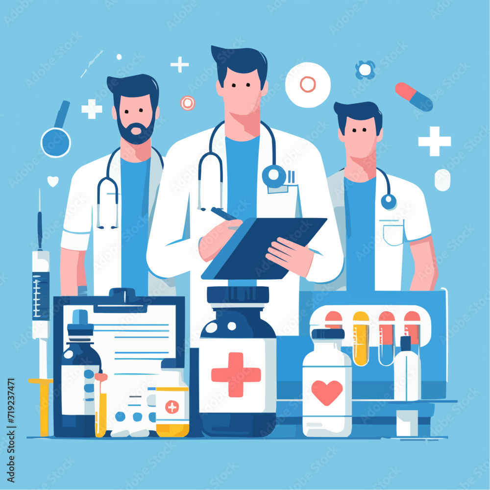 A flat illustration. Three doctors in white coats on a poster