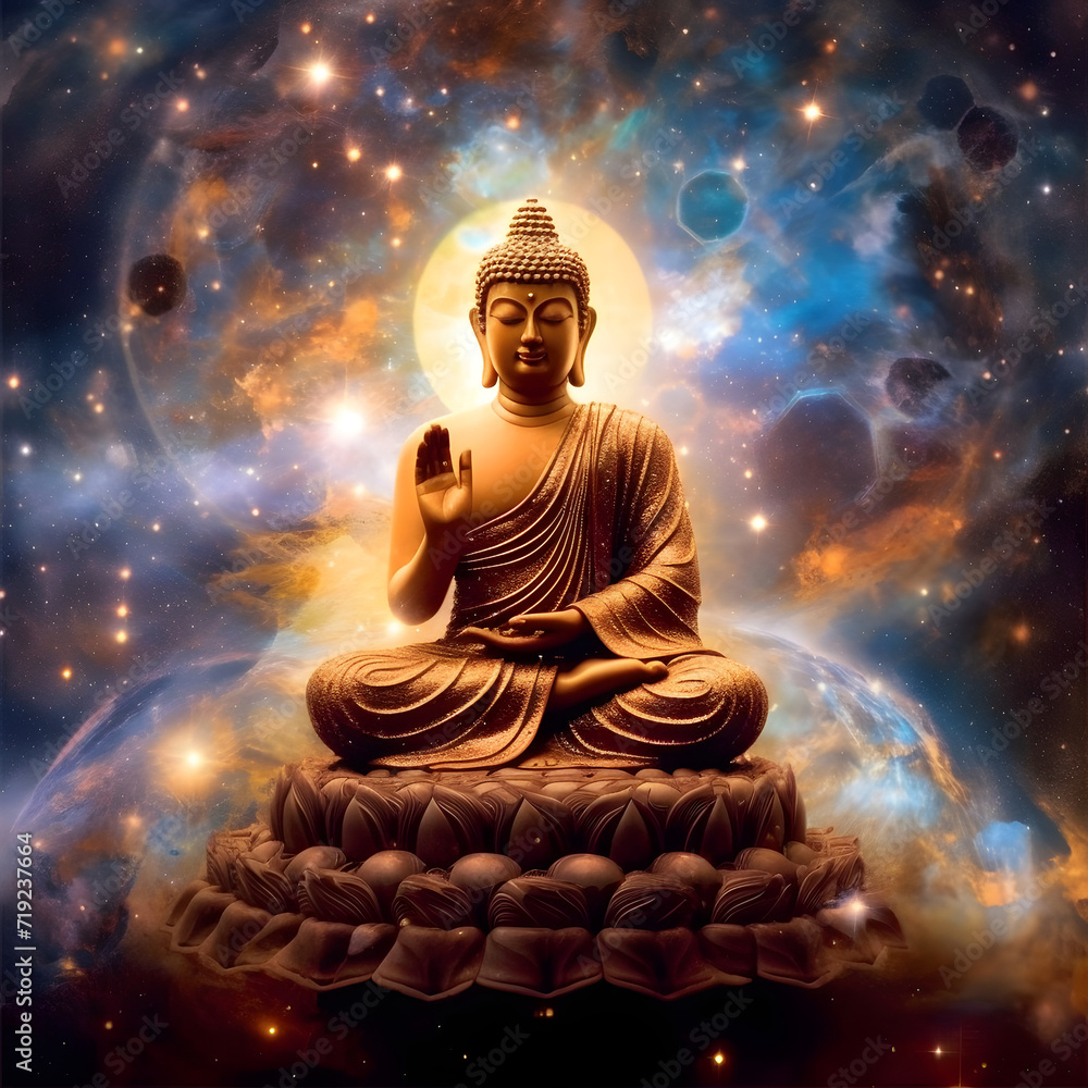 Gautam Buddha meditating with cosmic background