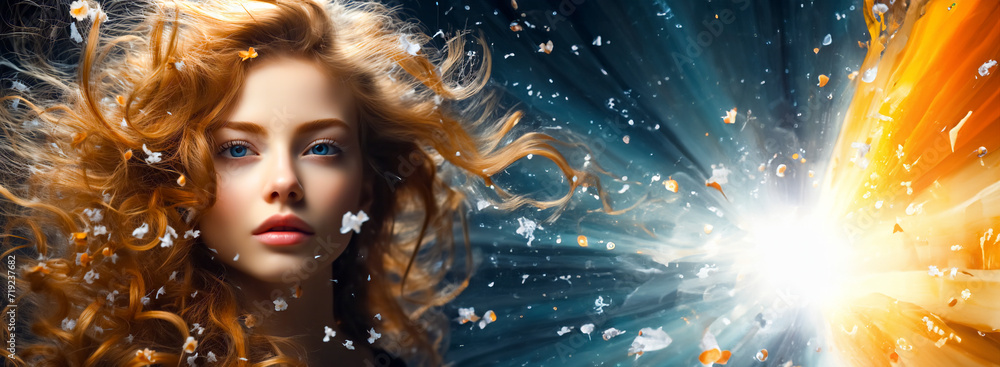 Portrait of a young red-haired curly woman with loose hair against the background of a bright flash. Advertising and shopping contrast panoramic banner with copy space