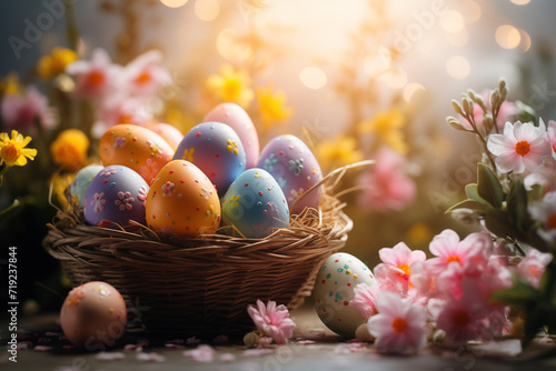 Easter composition with painted eggs in a basket with spring flowers on a blurred background with sunlight