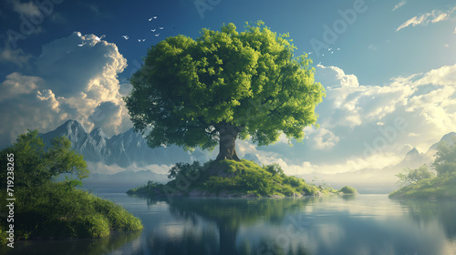 Lonely tree on tiny island, AI Generated, 