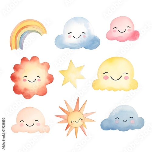 cute weather icons set sun, rainbow, clouds, star