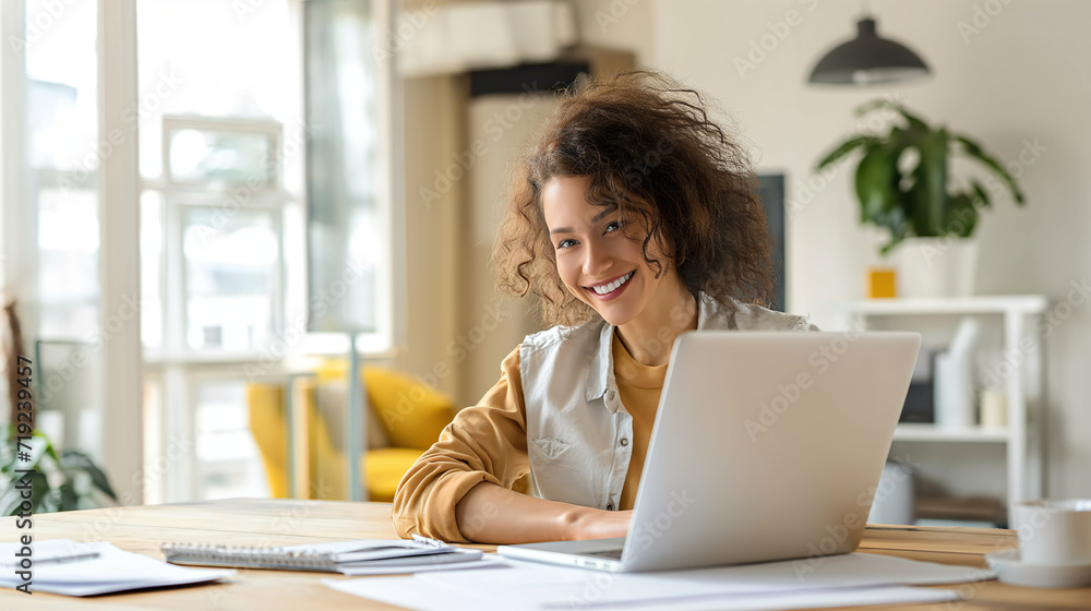Woman Working at Table With Laptop. Generative AI. Woman Working at Table With Laptop. Generative AI.