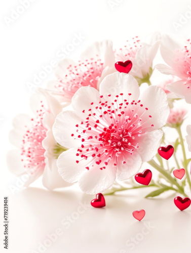 Pink flowers and hearts on a white background. Floral design, close-up, copy space. Card for birthdays, mother's day, valentine's day, wedding.