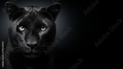 Majestic front view panther on black background, wild animals banner with copy space © Ilja