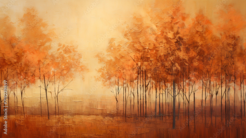 Fototapeta premium Abstract oil painting of colorful autumn forest, acrylic paint on canvas texture. Fall, autumn season nature background.