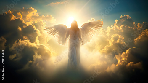 Person Standing in Clouds With Angel Above Them. Generative AI.