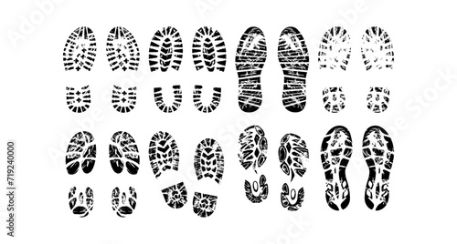 Footprints human shoes silhouette, Shoe soles vector collection, traces of boot great set collection clip art Silhouette, Pair of Bootprints on white background V2 photo