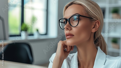 Confident and handsome woman posing in bright interior with copy space for text placement