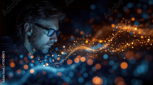 Man in Glasses Analyzing Laptop Screen for Work and Research. Generative AI.