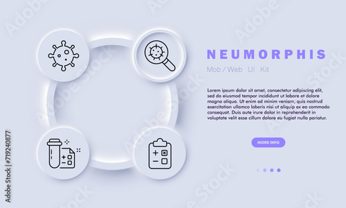 Virus set line icon. Medical examination, molecule, magnifying glass, flask, tests. Neomorphism style. Vector line icon for business and advertising