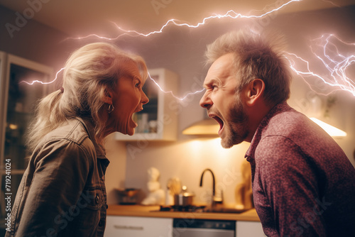 Angry woman and man face to face screaming shouting each other in casual clothes with discharges of flashes between them. Negative emotions. Relationship difficulties, conflict and abuse concept photo