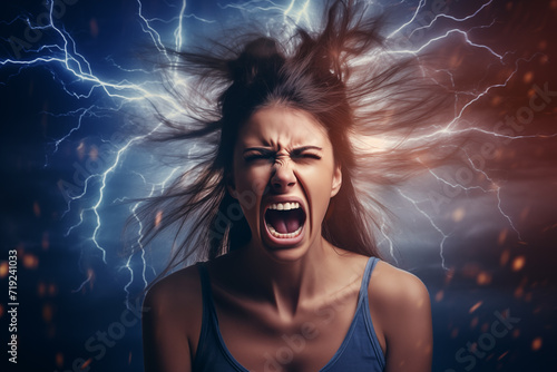 Angry furious screaming woman in casual clothes with discharges of flashes around her. Expression of Negative emotions, hate and aggression. Inability to control emotions in conflicts. Mental health